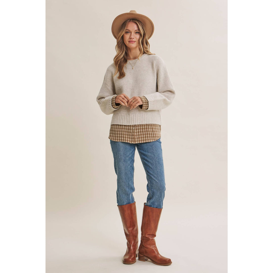 COUNTRY ROAD LAYERED PLAID HEM SWEATER