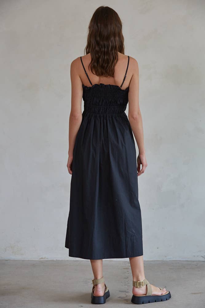 Woven Cotton Waist Band Midi Flare Dress