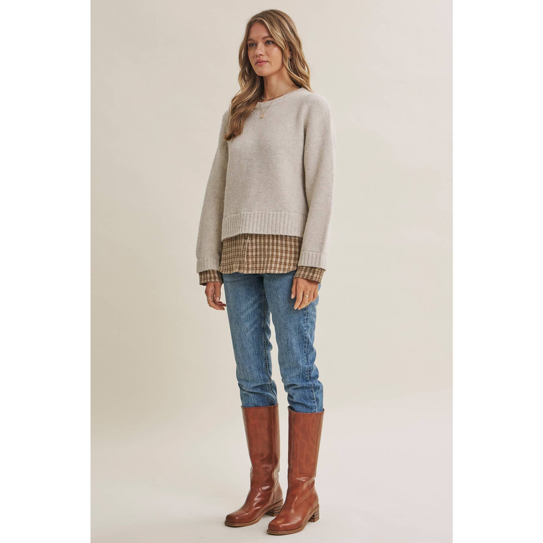 COUNTRY ROAD LAYERED PLAID HEM SWEATER
