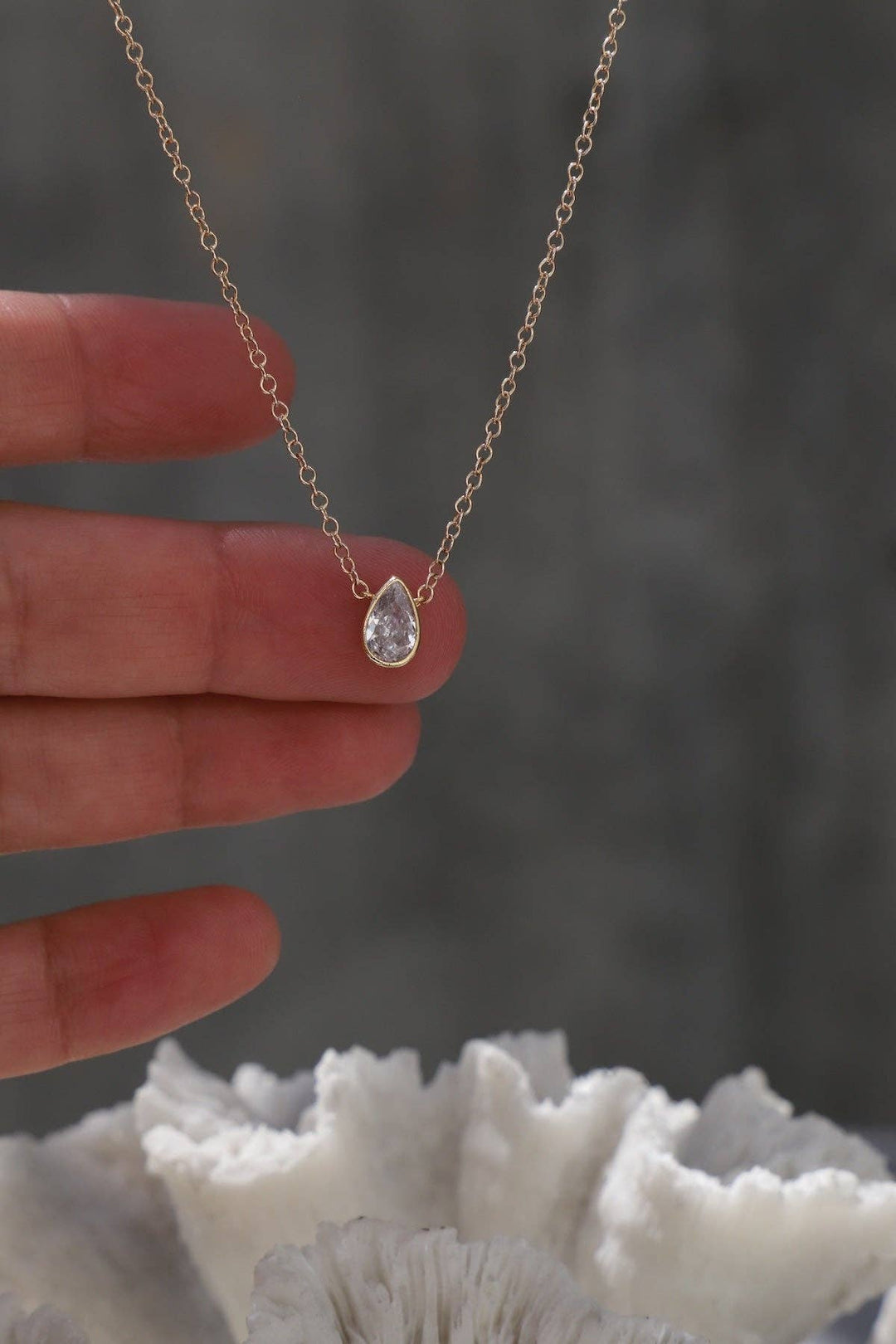 Floating Pear Bezel Necklace | Gold