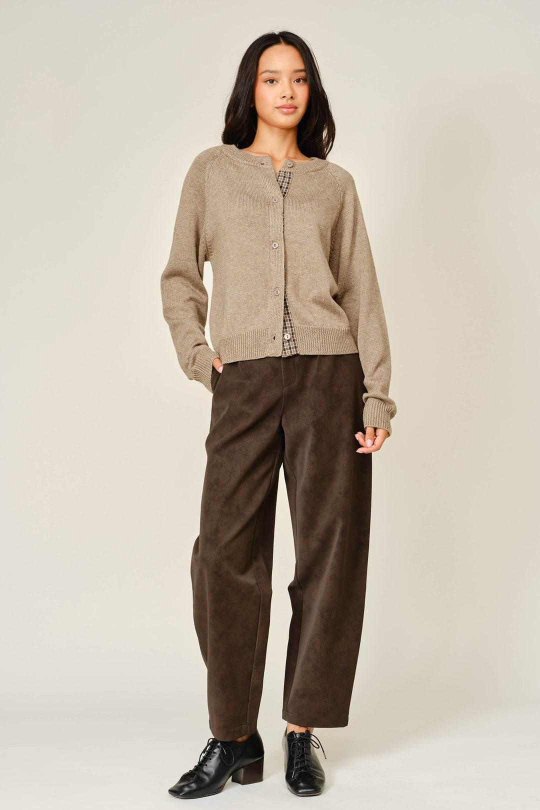 PRE-ORDER-PLAID PLACKET WOOL BlEND CARDIGAN- MUSHROOM