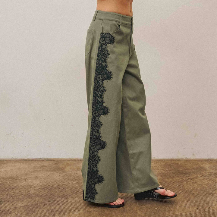 The Margot Lace-Trim Twill Pant — Olive