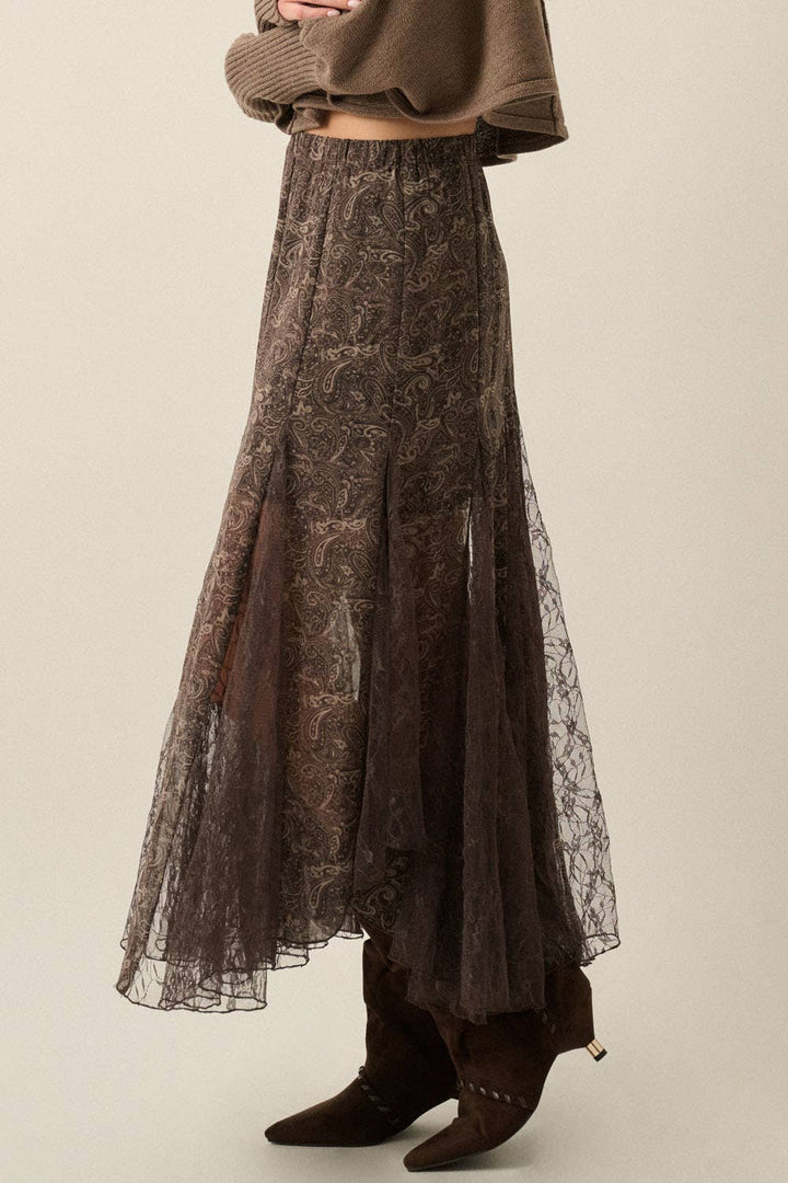 Paisley-Print Chiffon &amp; Lace Elastic-Waist Godet Maxi Skirt
