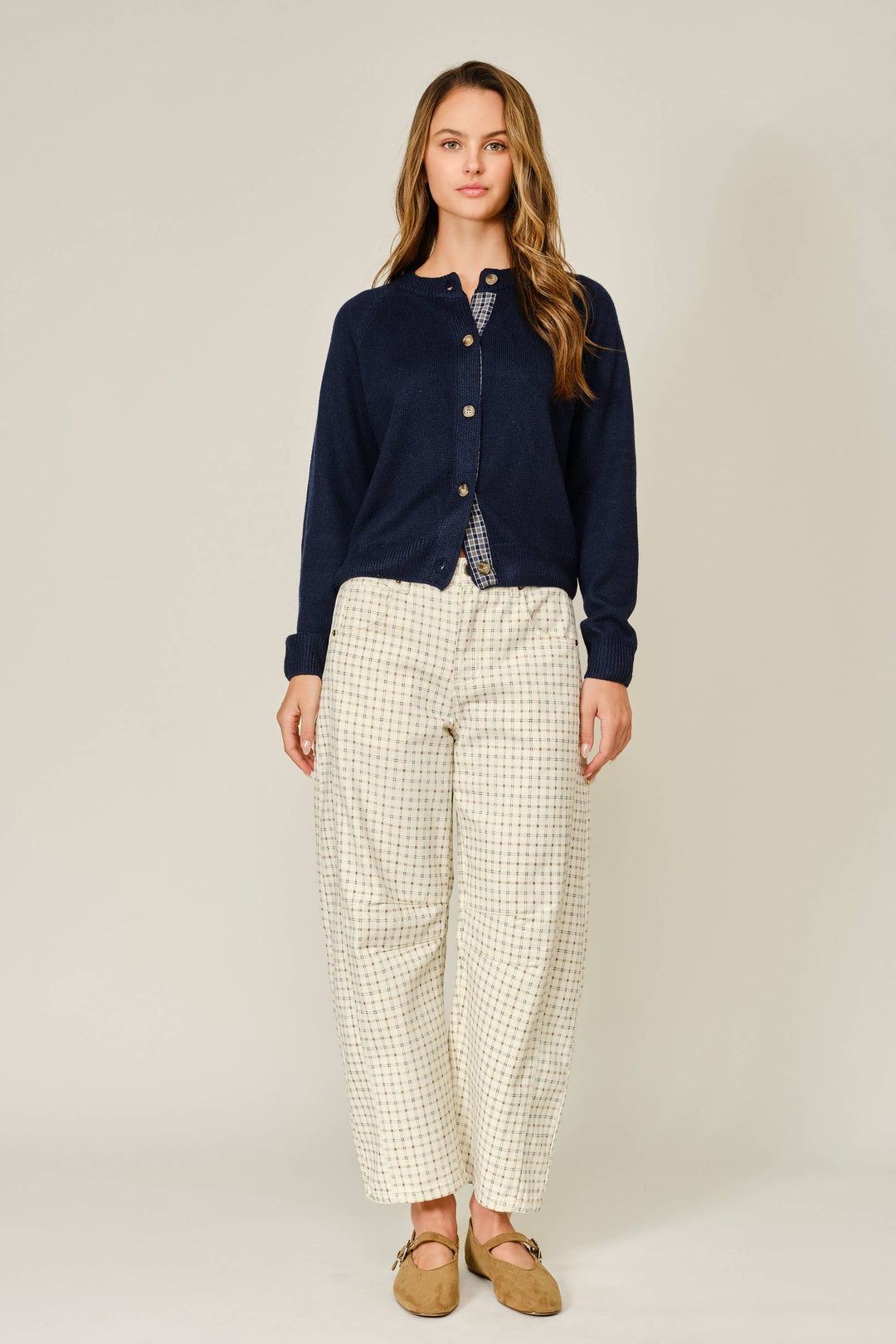 Plaid Placket Wool Blend Cardigan – Navy