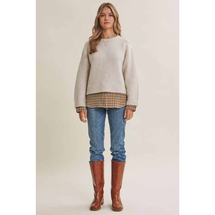 COUNTRY ROAD LAYERED PLAID HEM SWEATER