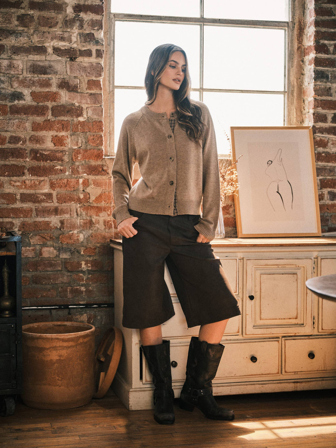 PRE-ORDER-PLAID PLACKET WOOL BlEND CARDIGAN- MUSHROOM