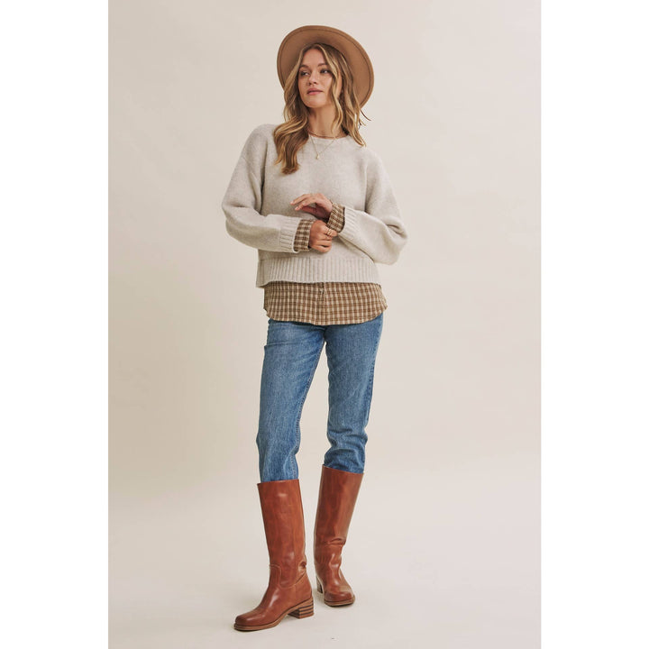 COUNTRY ROAD LAYERED PLAID HEM SWEATER