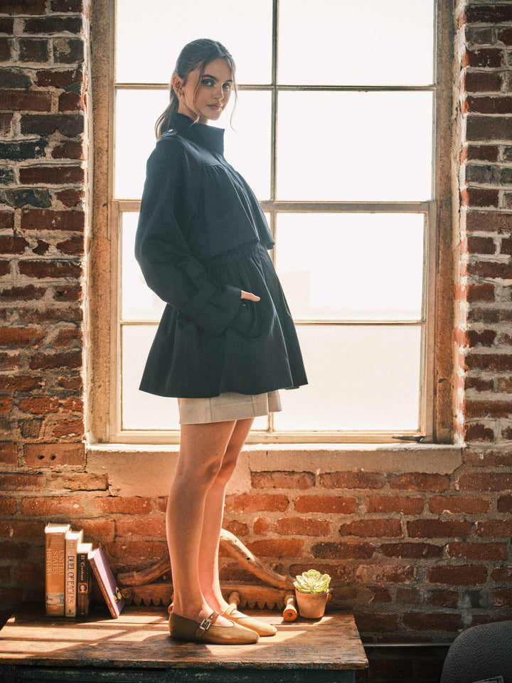 Pre-Order-Navy Shirred Tunnel Neck Trench Coat
