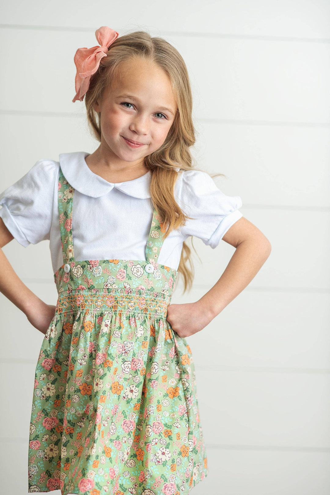 Kids Sage & White Floral Jumper Skirt Easter Collar Set