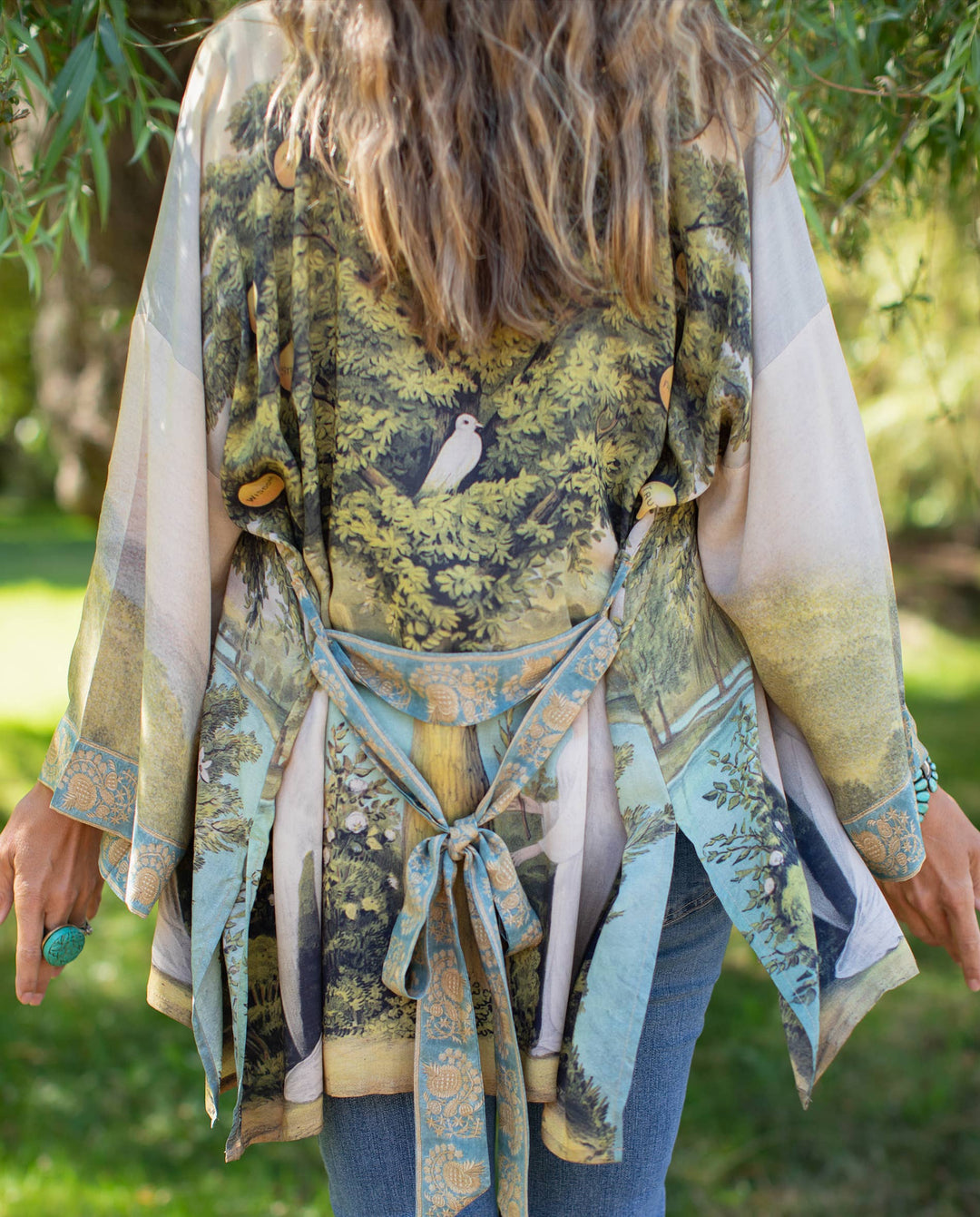 Tree of Life Bamboo Bohemian Kimono Cardigan with Belt