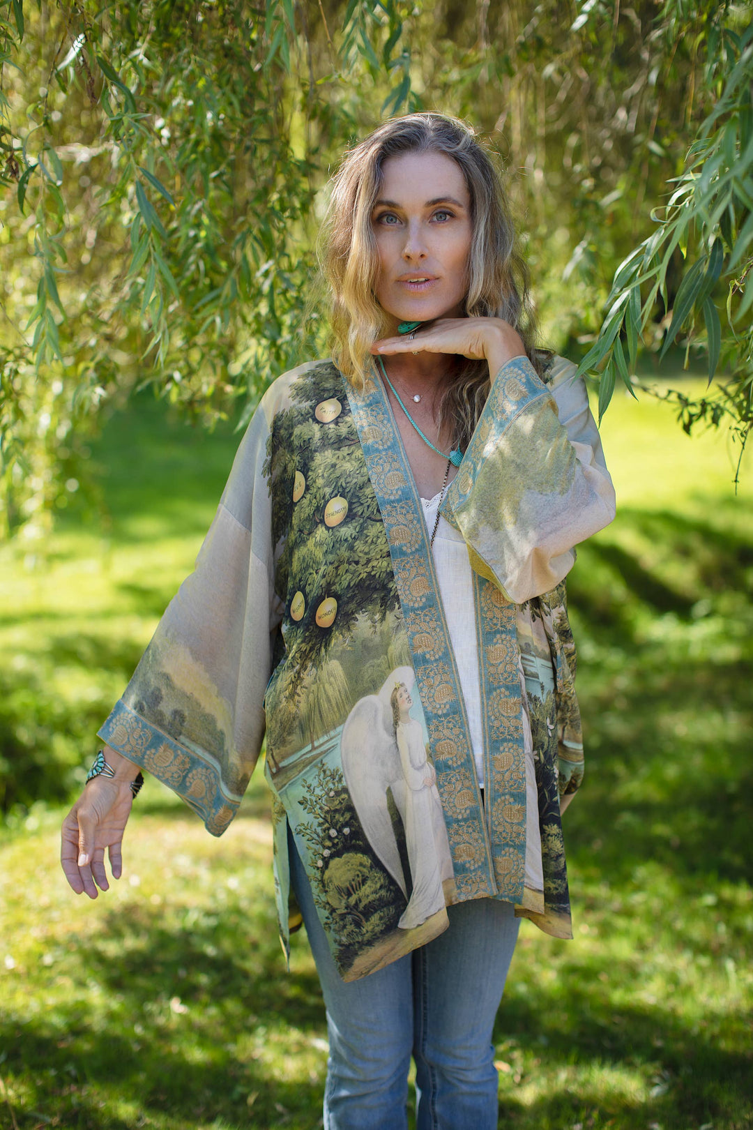 Tree of Life Bamboo Bohemian Kimono Cardigan with Belt