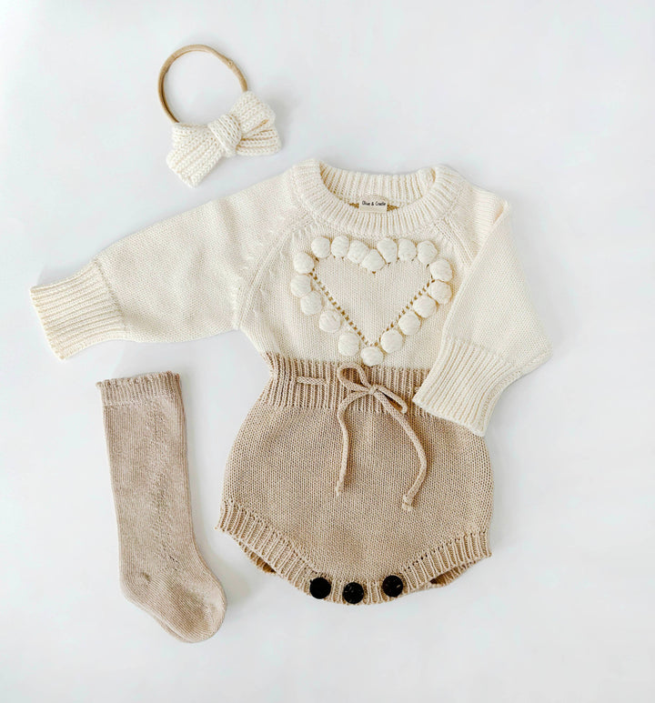 OLIVE & CRADLE - Baby Girl HEART Sweater Romper Knit Outfit