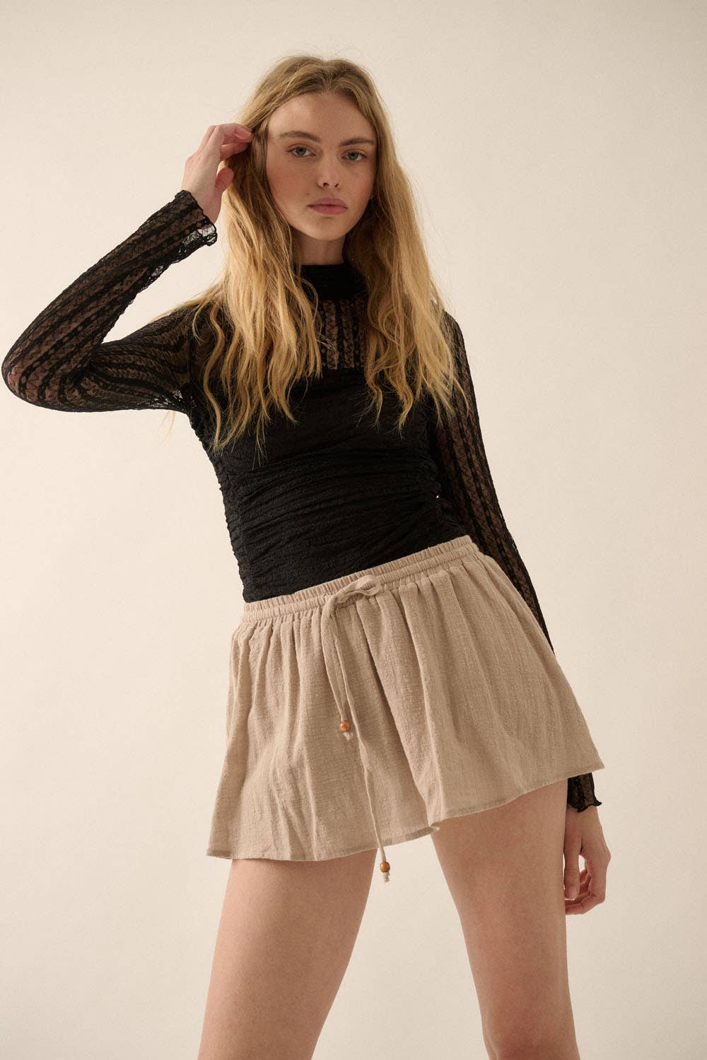 Striped Floral Lace Ruched Mock-Neck Bodysuit