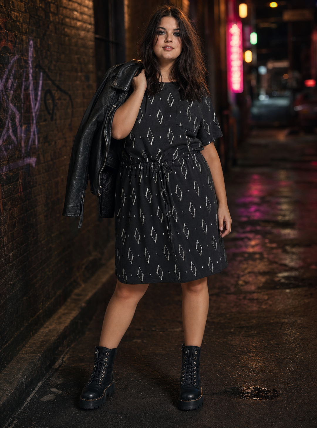The Abby Drawstring Dress in Black Diamond Vine