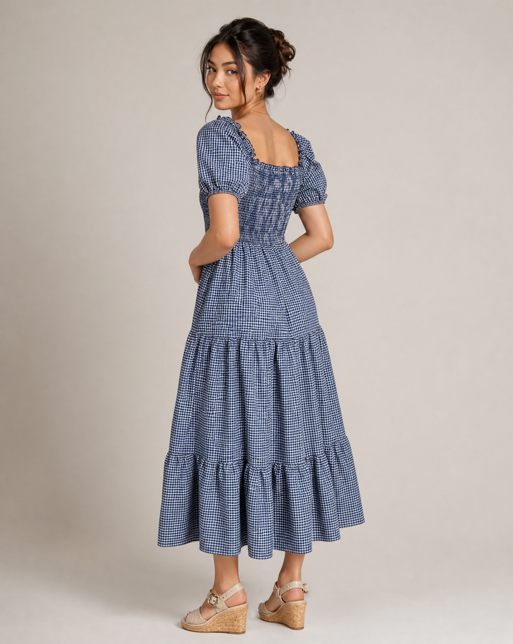 The Gingham Picnic Dress in navy gingham cotton, back view