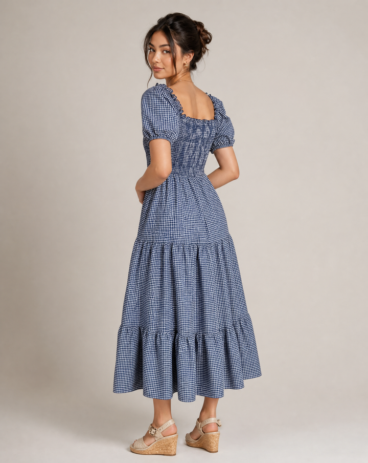 The Gingham Picnic Dress in navy gingham cotton, back view