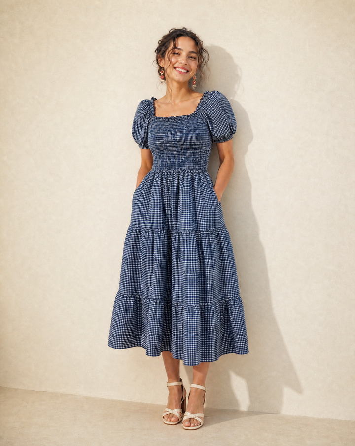 The Gingham Picnic Dress in navy gingham cotton, front view
