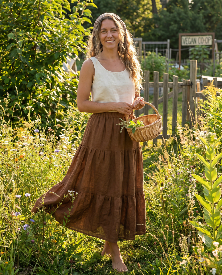 Italian Linen Tiered Maxi Skirt in Copper