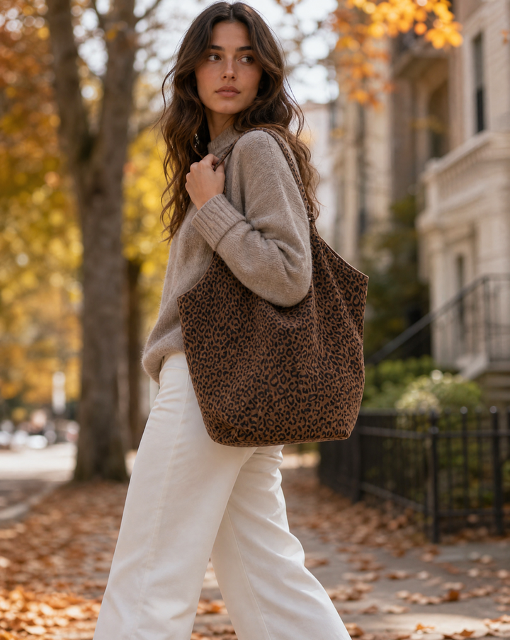 Suede Leather Leopard Bucket Tote Bag