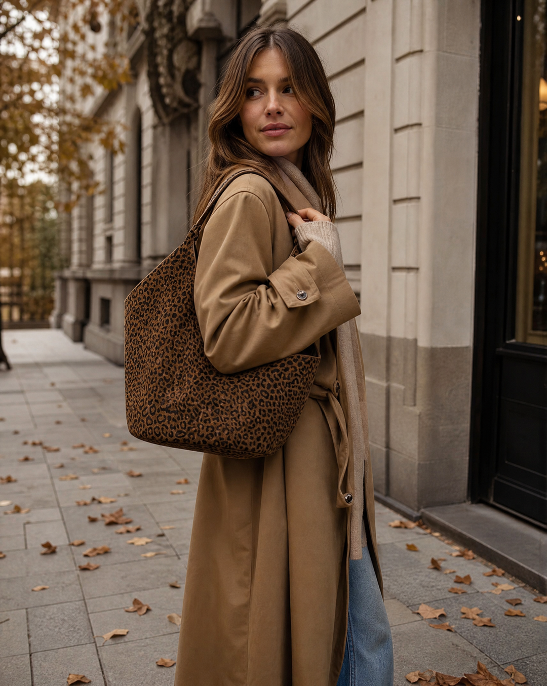 Suede Leather Leopard Bucket Tote Bag