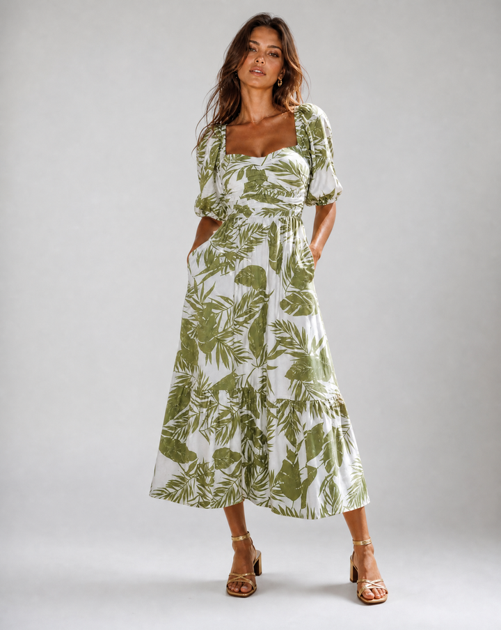 The Palm Leaf Linen Blend Midi Dress