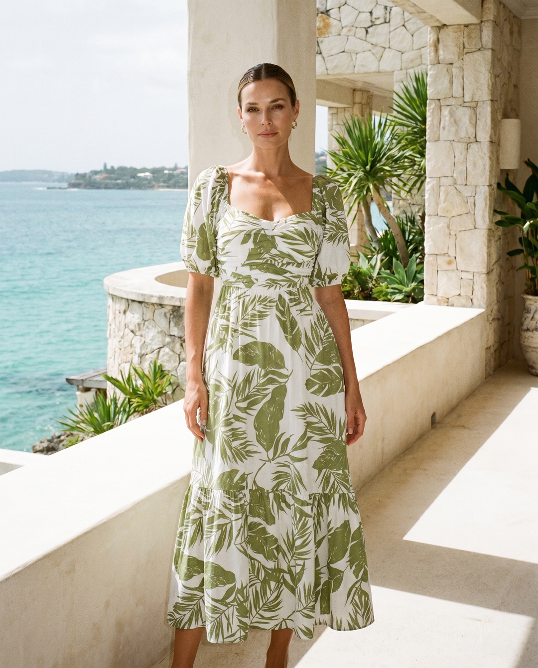 The Palm Leaf Linen Blend Midi Dress