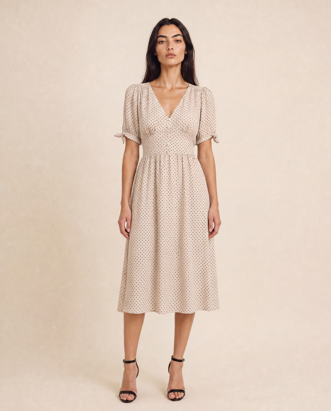 CLASSIC POLKA DOT MIDI DRESS WITH TIE-ABLE SLEEVES