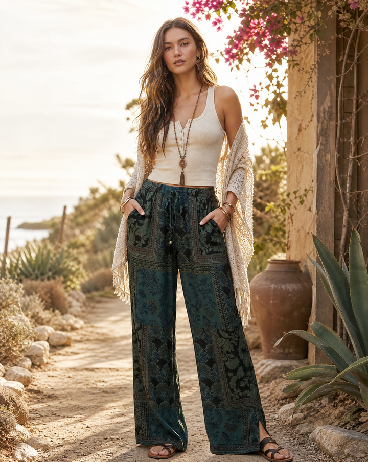 Printed Overdyed Wide-Leg Pants