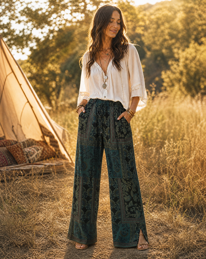 Printed Overdyed Wide-Leg Pants