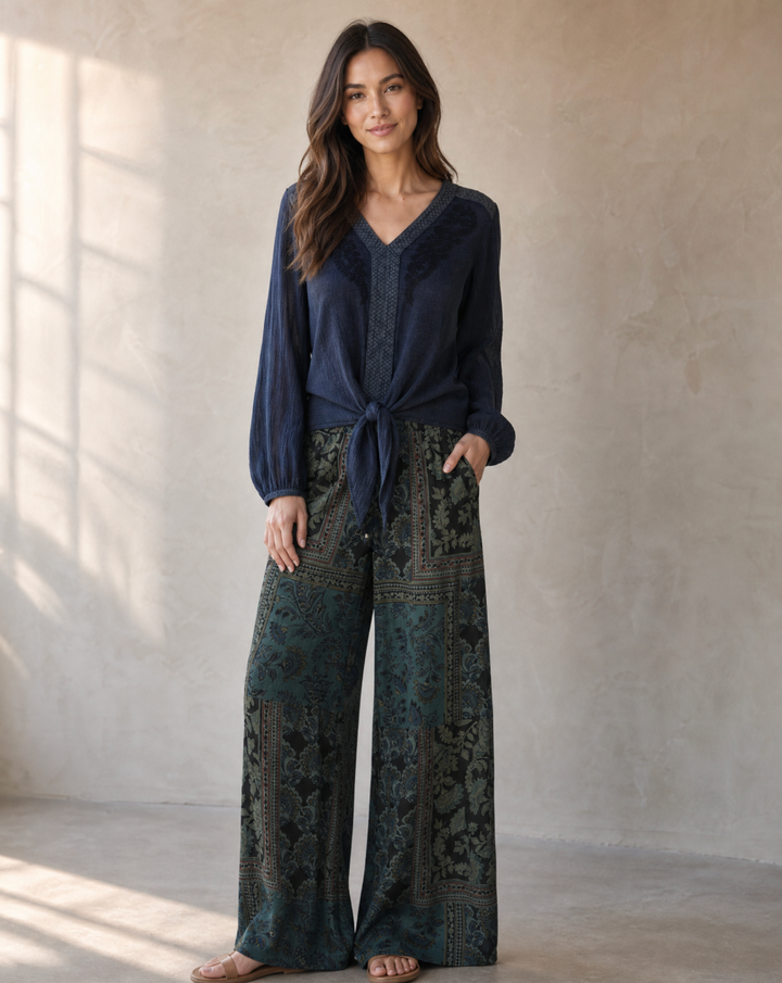 Printed Overdyed Wide-Leg Pants