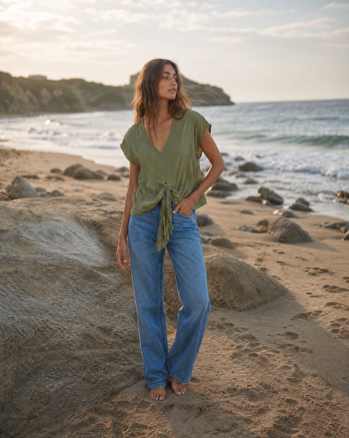 The Woven V-Neck Tie Top